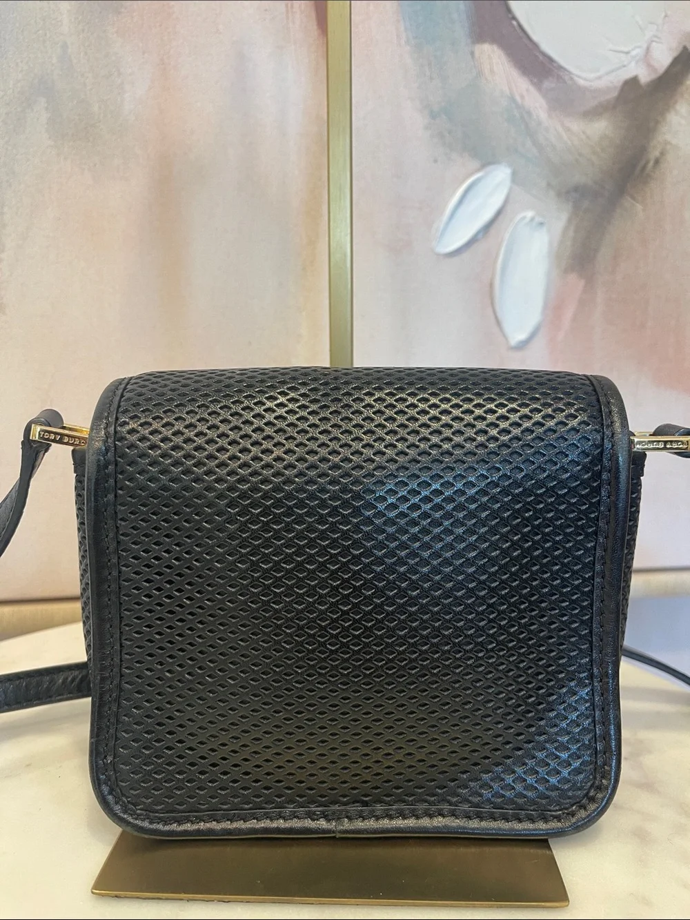 Tory Burch Black Perforated Leather Crossbody with Gold Logo
